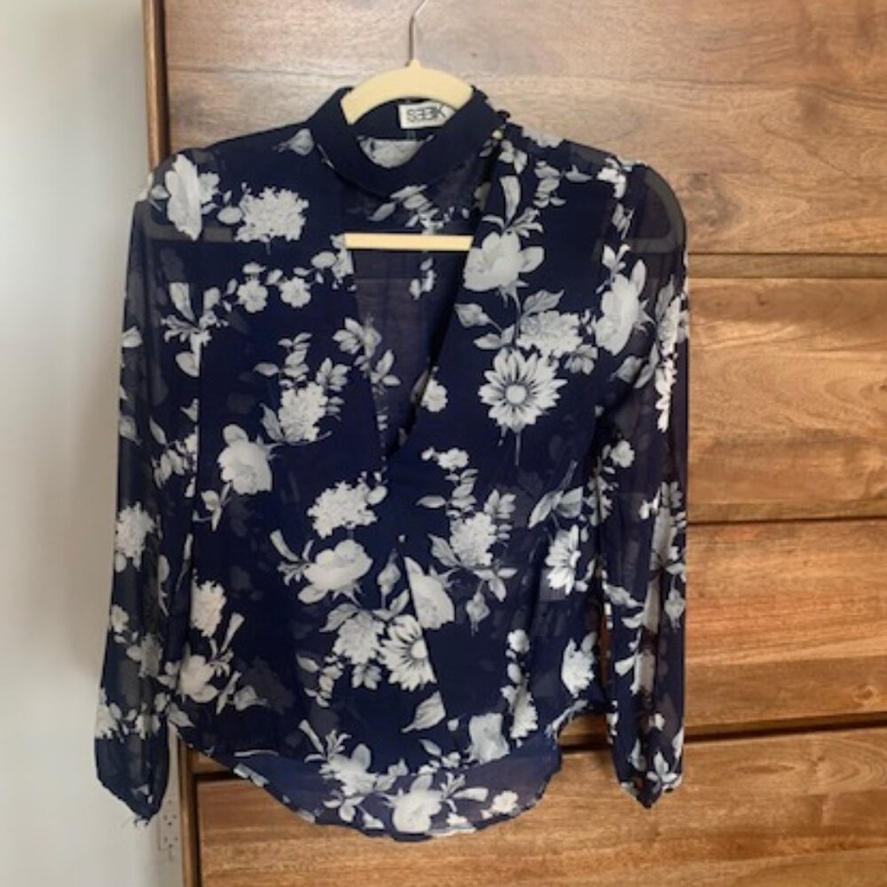 Sheer Blue and White Floral LF Top